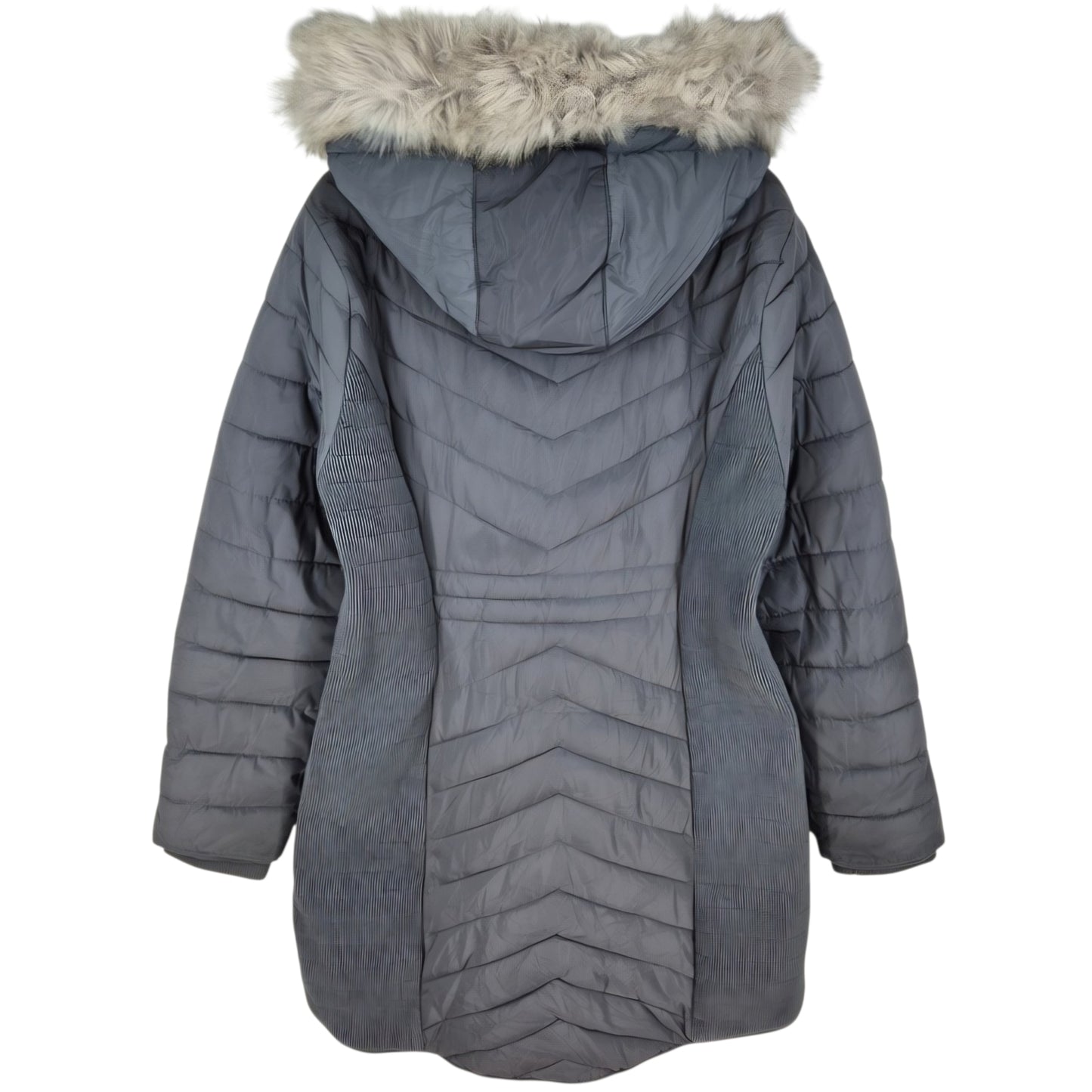 DKNY Grey Heavy Fur Hood Trench Coat Jacket Size L