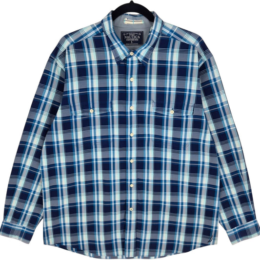 Nautica Blue Checkered Long Sleeve Button Shirt Size L