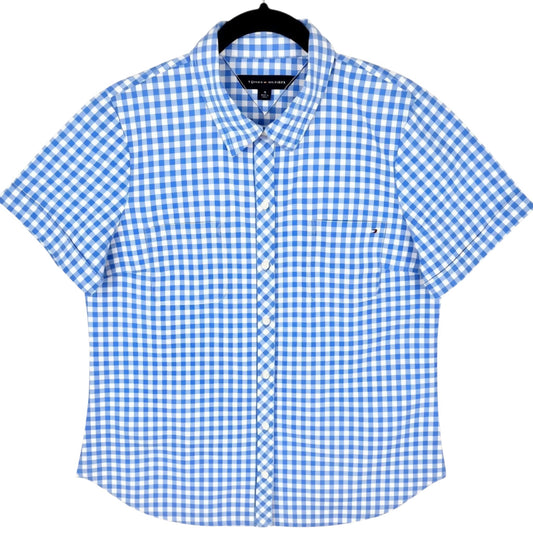 Tommy Hilfiger Womens Blue & White Checkered Short Sleeve Button Shirt Size M