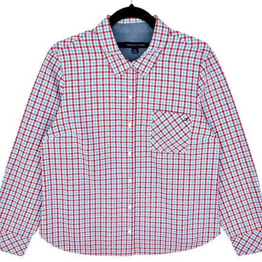 Tommy Hilfiger Womens Red & Blue Checkered Dress Shirt Size L