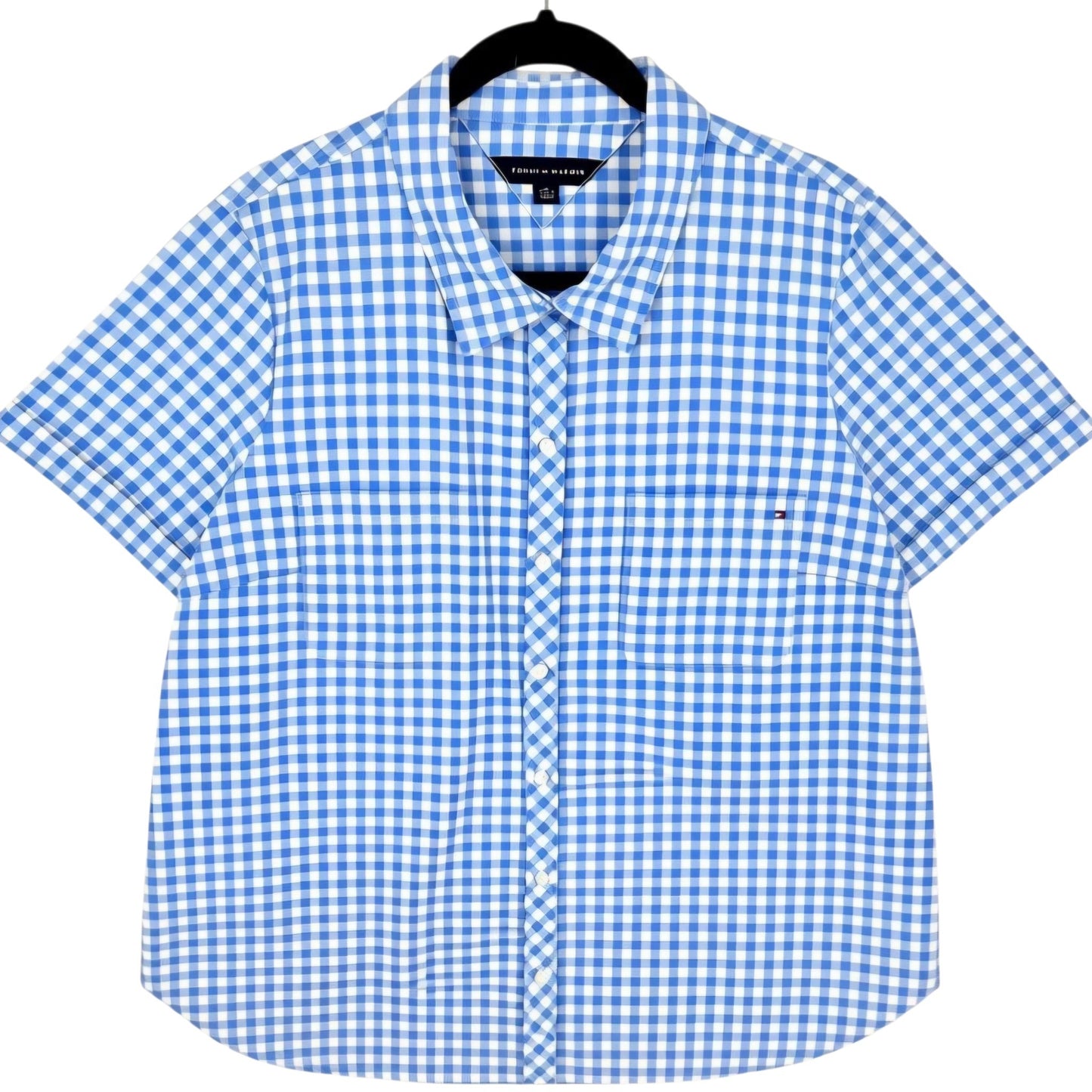 Tommy Hilfiger Womens Blue & White Checkered Short Sleeve Button Shirt Size XL