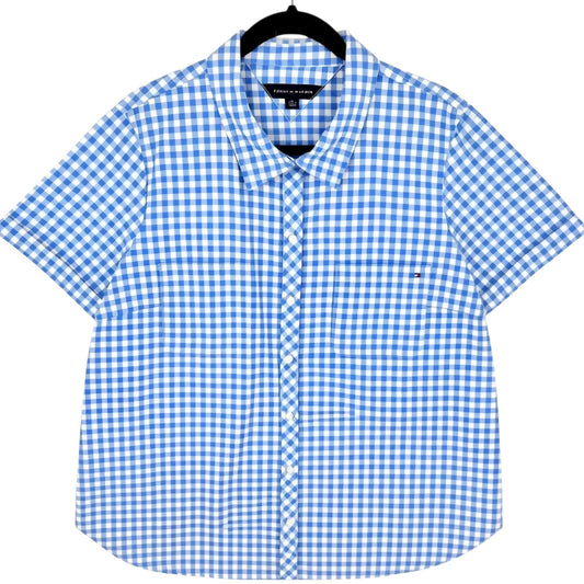 Tommy Hilfiger Womens Blue & White Checkered Short Sleeve Button Shirt Size XL