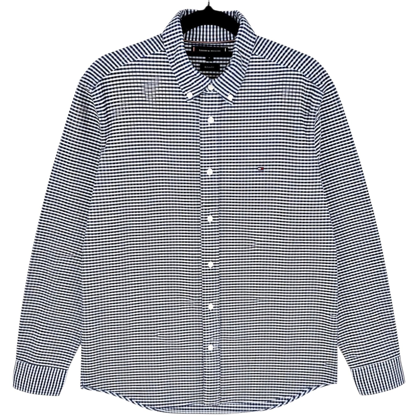 Tommy Hilfiger Dark Blue & White Checkered Thick Blend Dress Shirt Size M