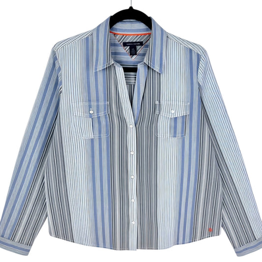 Tommy Hilfiger Womens Grey & Blue Striped Dress Shirt Size L