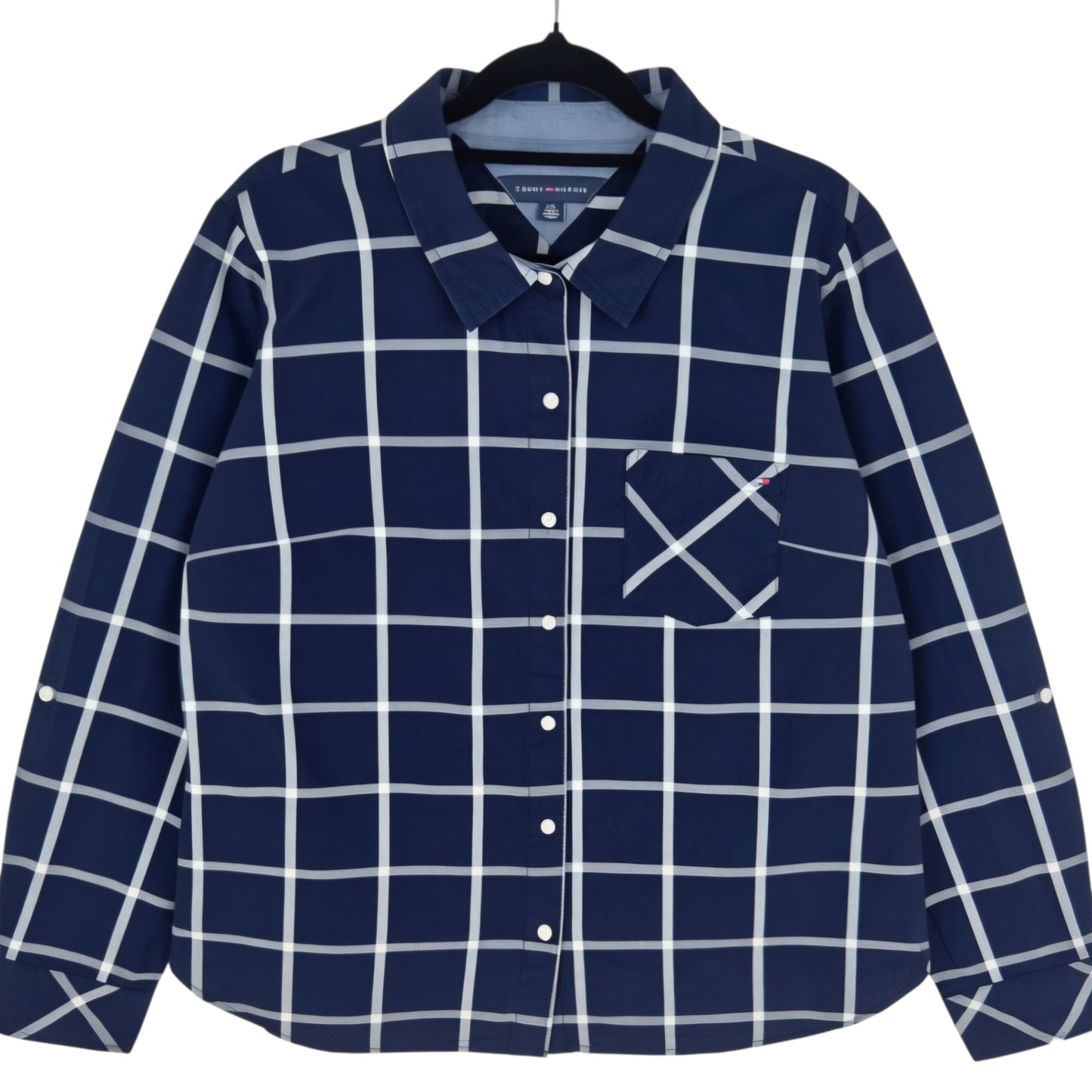 Tommy Hilfiger Womens Dark Blue Checkered Dress Shirt Size L