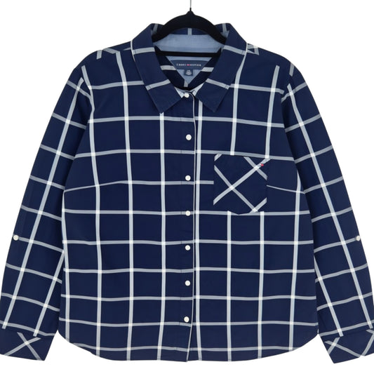 Tommy Hilfiger Womens Dark Blue Checkered Dress Shirt Size L