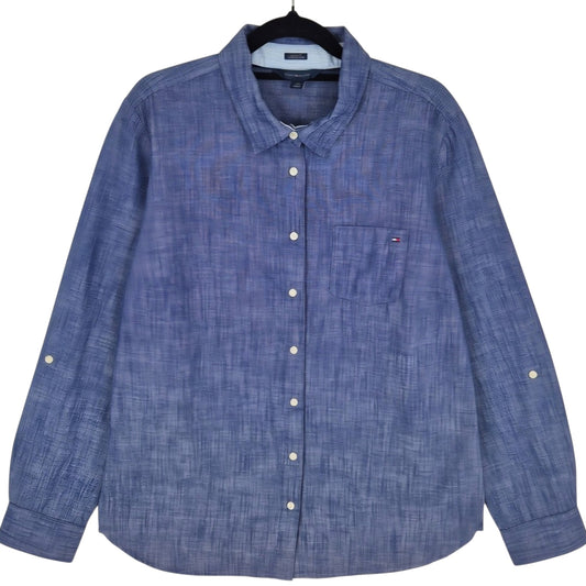 Tommy Hilfiger Womens Shiny Blue Classic Fit Dress Shirt Size L