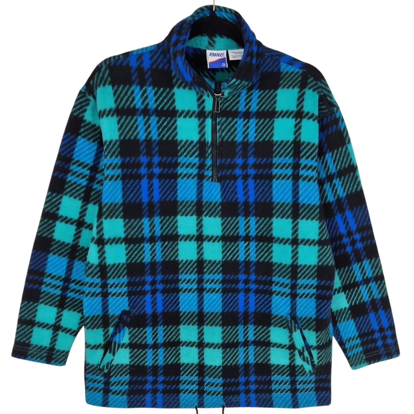 Vintage Bike 90's Blue Green & Black Checkered Fleece Jumper Size S