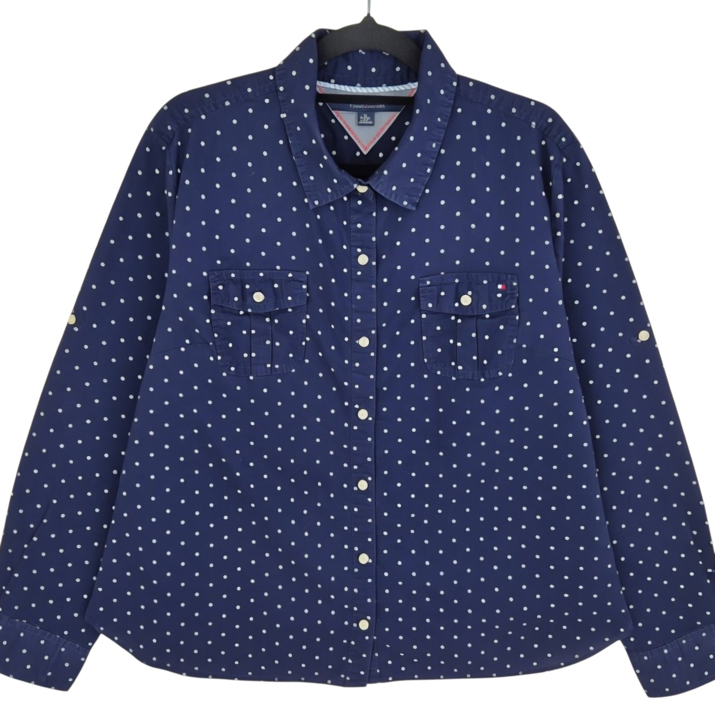 Tommy Hilfiger Womens Dark Blue Spotted Dress Shirt Size XL