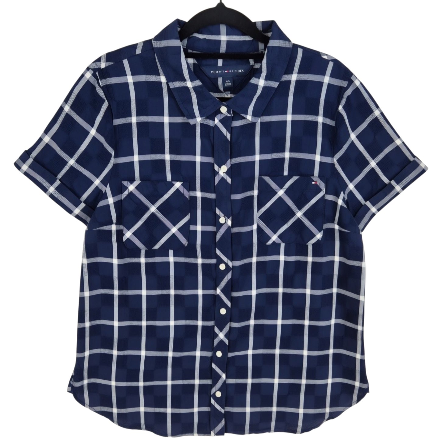 Tommy Hilfiger Womens Dark Blue Checkered Short Sleeve Button Shirt Size L