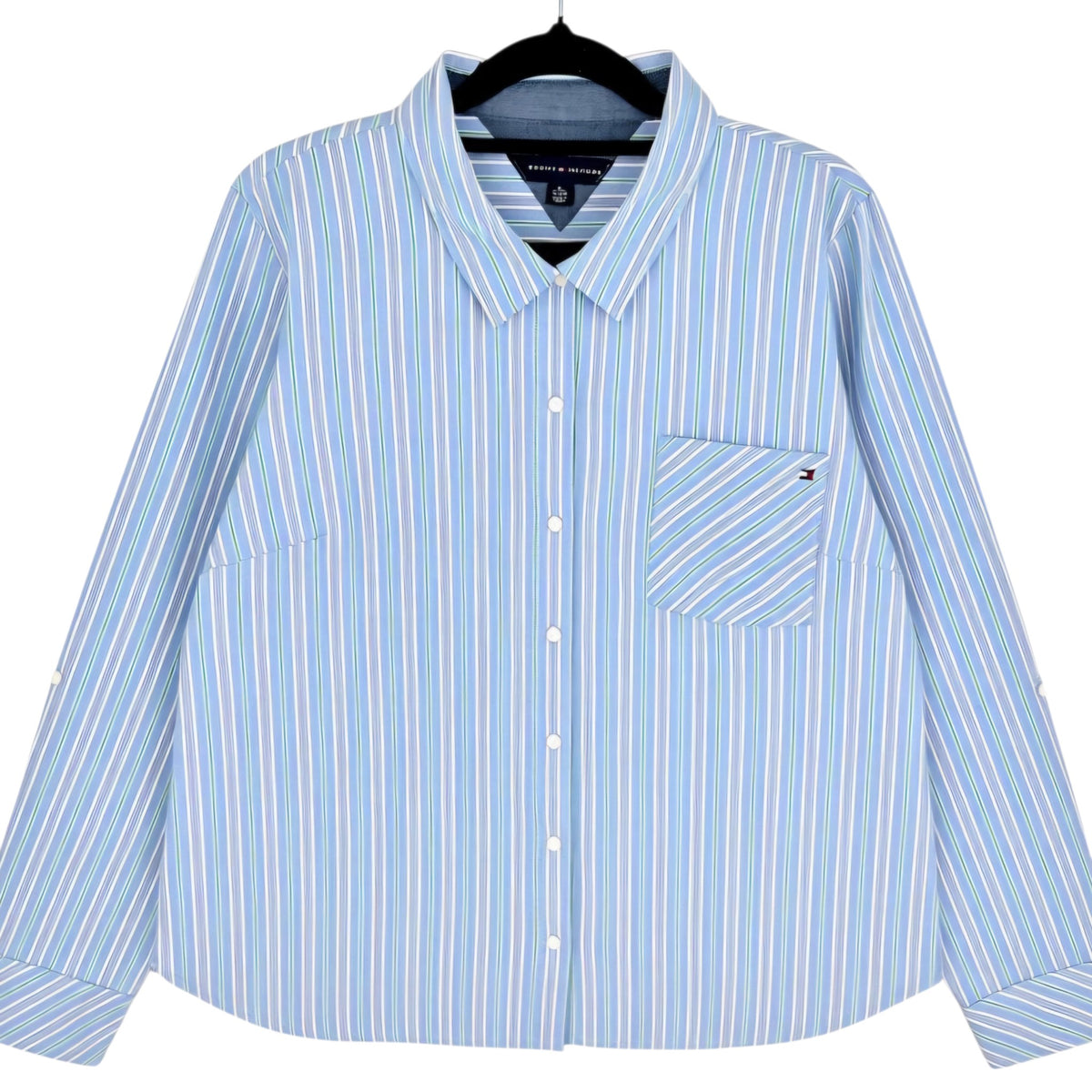 Tommy Hilfiger Womens Blue Striped Dress Shirt Size XL