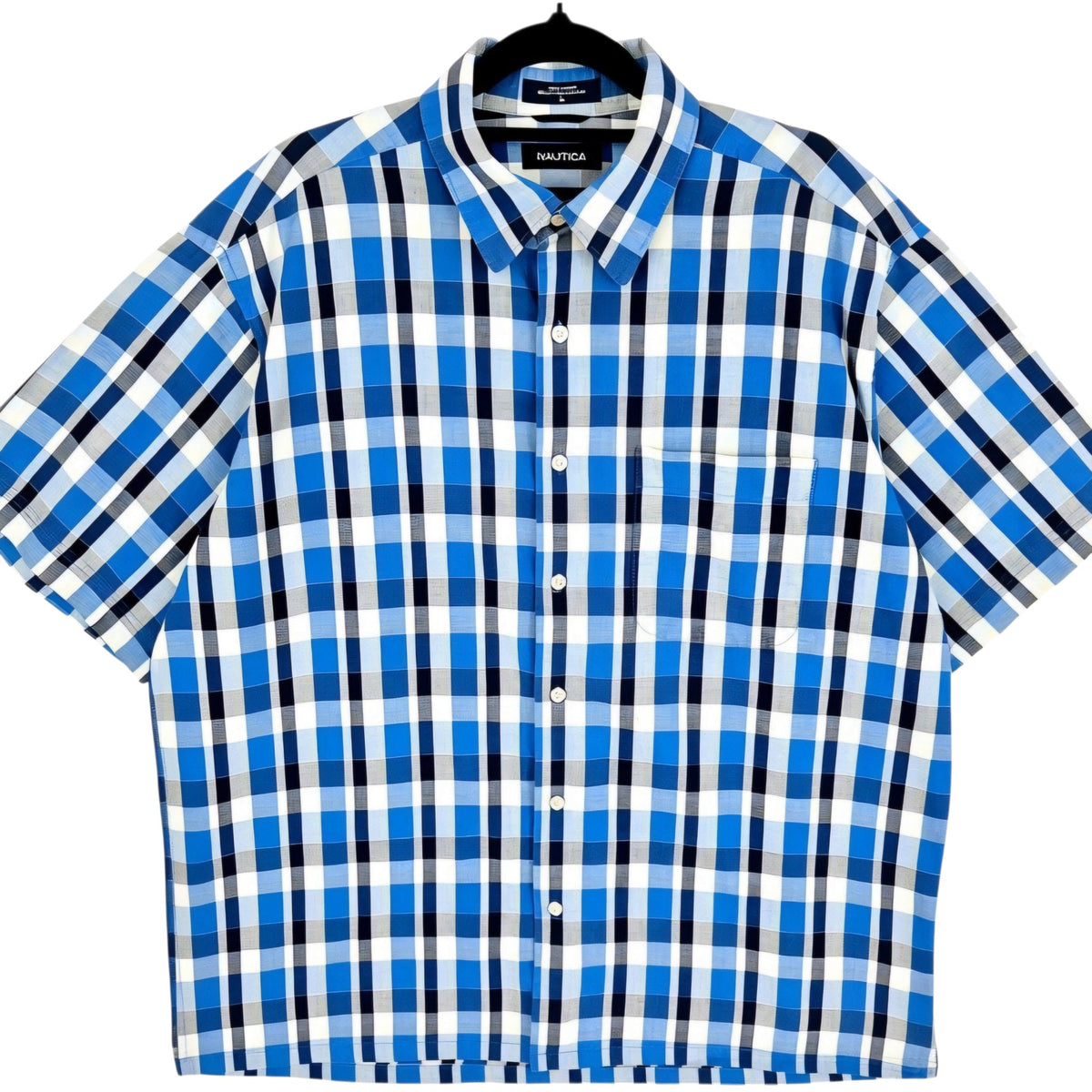 Nautica Blue & Yellow Checkered Square Cut Short Sleeve Button Shirt Size L