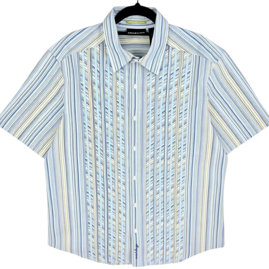 DKNY Jeans Light Blue & Yellow Striped Short Sleeve Button Shirt Size L