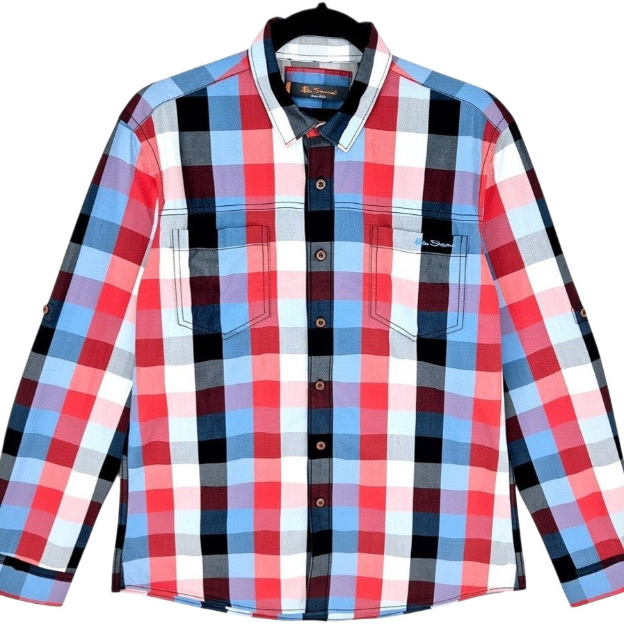 Ben Sherman Red Blue & Black Checkered Dress Shirt Size L
