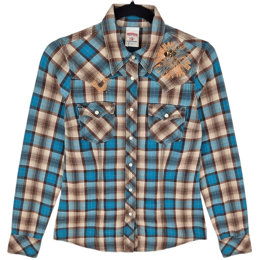 True Religion Womens Brown & Blue Checkered Cowboy Button Shirt Size S