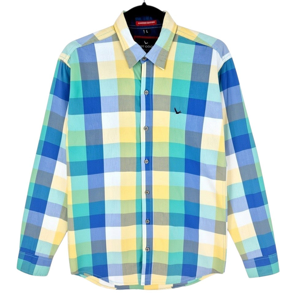 Grey Goose Vodka Green Blue & Yellow Slim Checkered Dress Shirt Size L