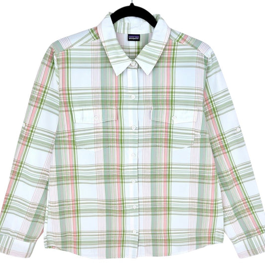 Patagonia Womens White & Green Checkered Button Shirt Size XL