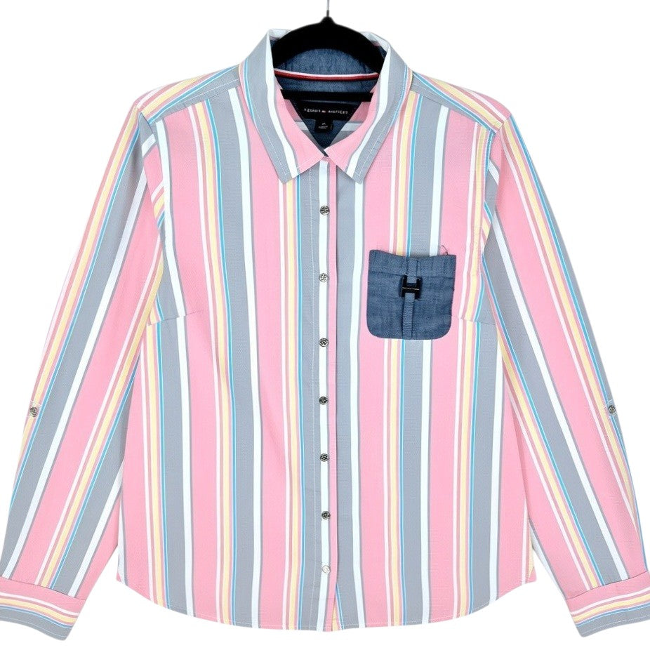 Tommy Hilfiger Womens Grey & Pink Striped Dress Shirt Size M