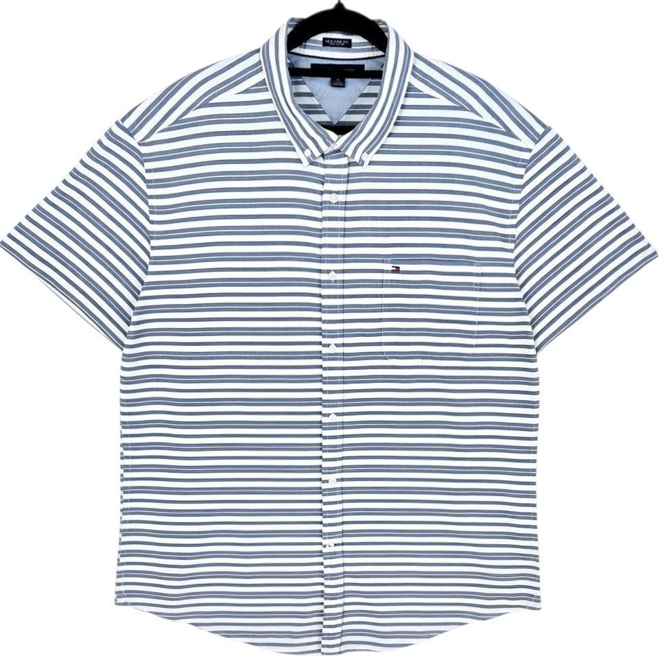 Tommy Hilfiger White & Blue Striped Short Sleeve Button Shirt Size XL