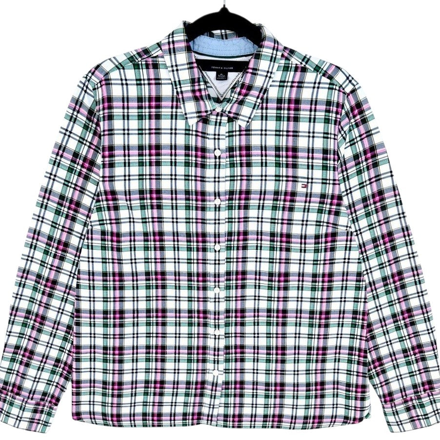 Tommy Hilfiger Womens White Green & Pink Checkered Dress Shirt Size XL