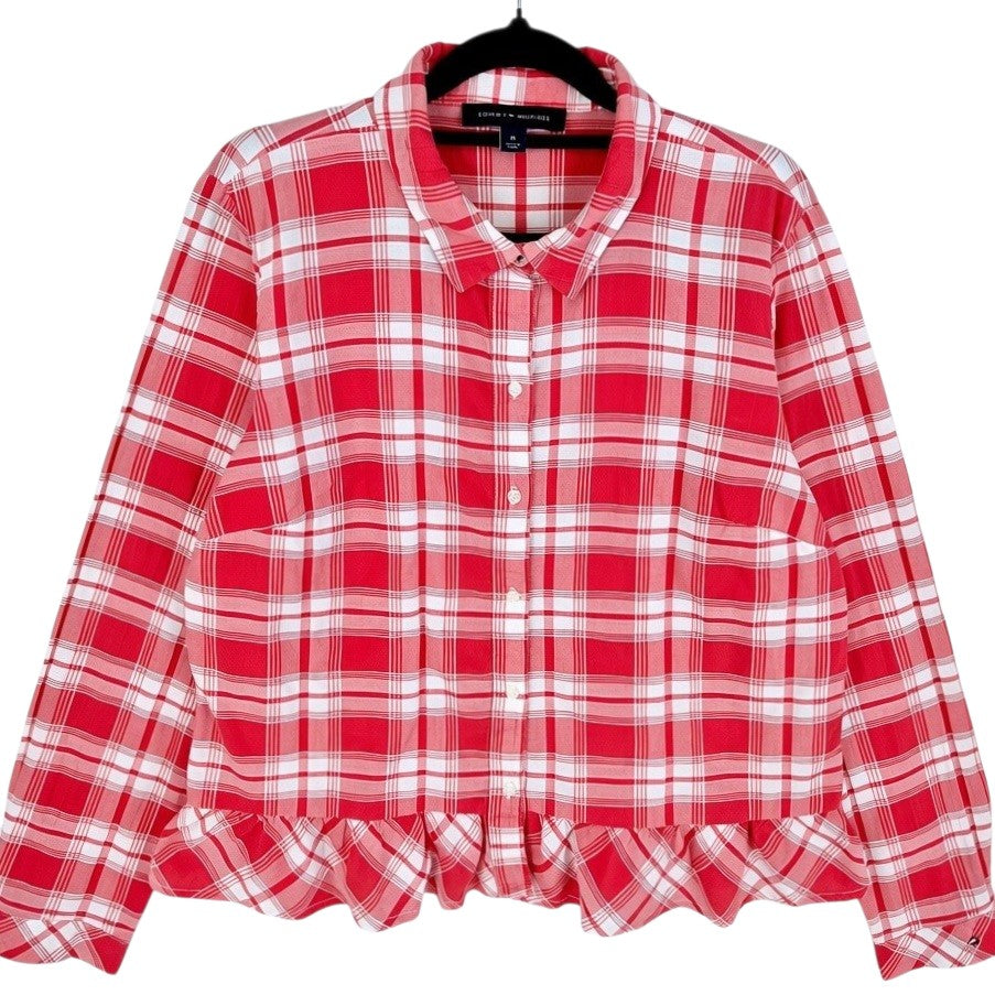 Tommy Hilfiger Womens Red Checkered Button Shirt Size M