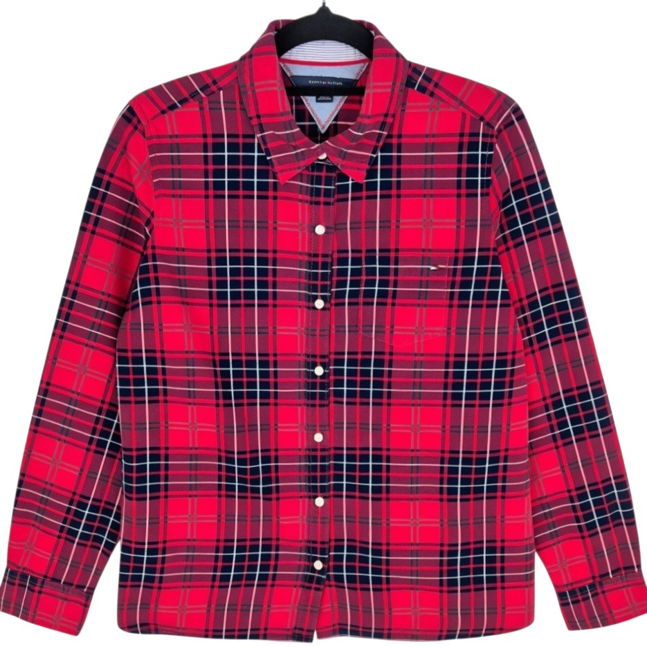 Tommy Hilfiger Womens Red Checkered Dress Shirt Size L