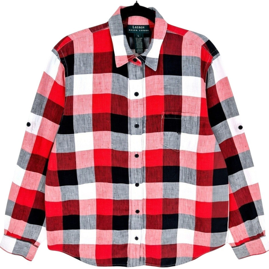 Vintage Ralph Lauren Green Label Red & Black Checkered Linen Dress Shirt Size L
