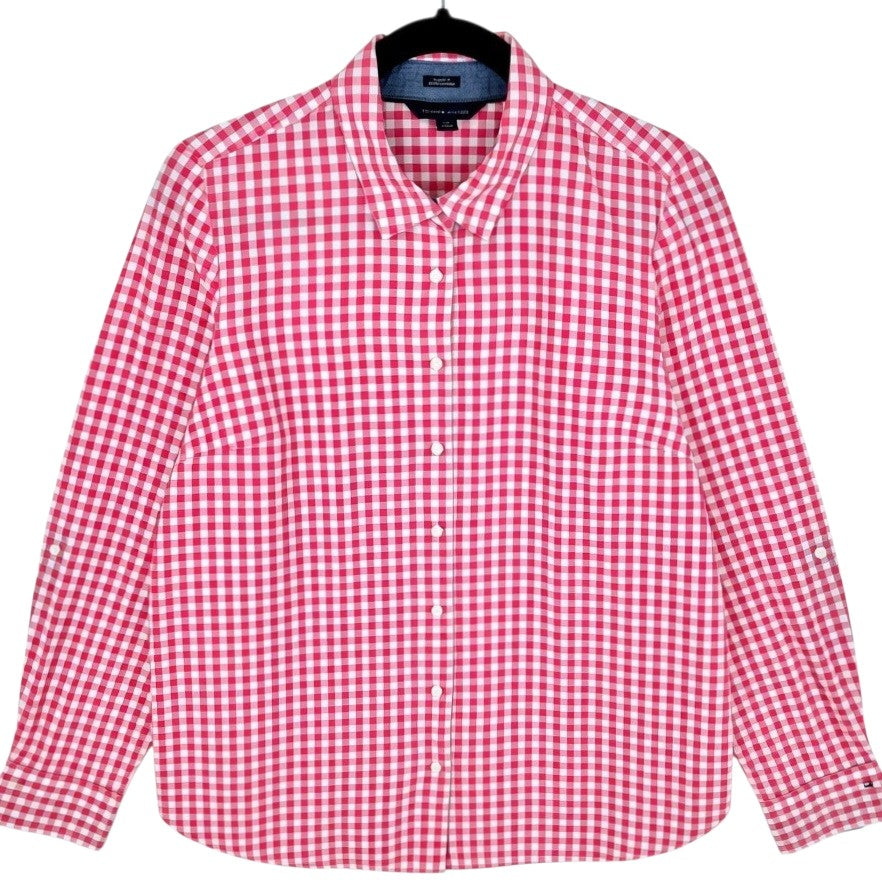 Tommy Hilfiger Womens Pink Checkered Dress Shirt Size L