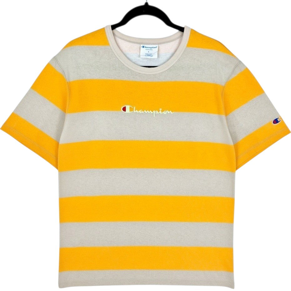 Champion Yellow & Brown Striped Embroidered Tee Shirt Size L