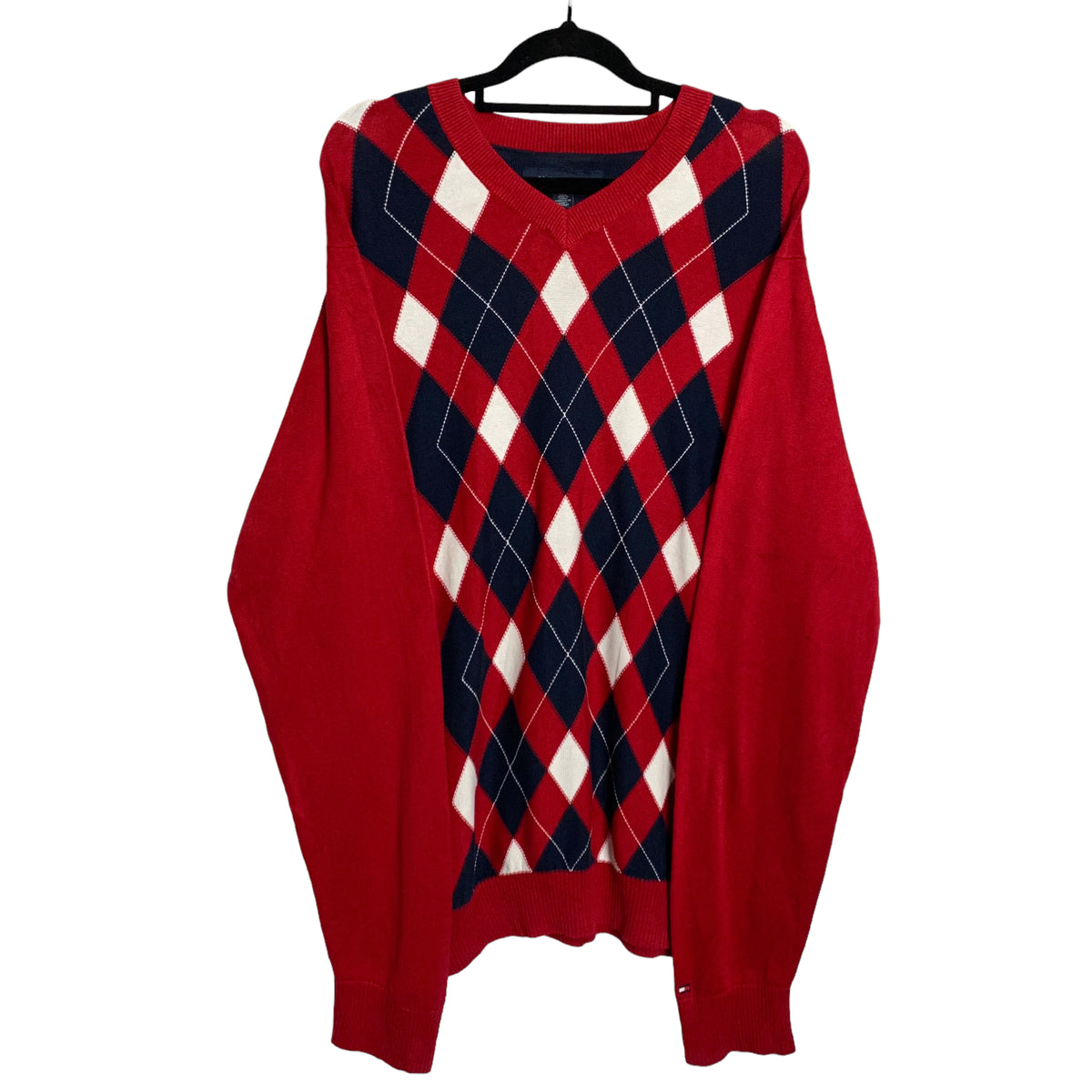 Tommy Hilfiger Red Diamond Pattern Light Knit V Neck Sweater Size L