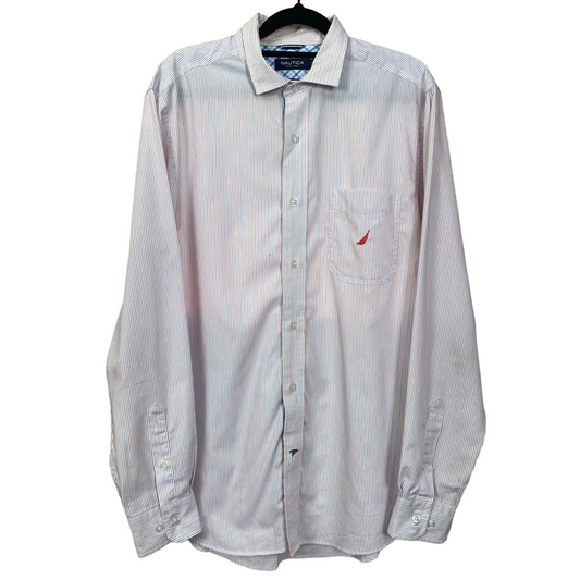 Nautica White Red Blue Striped 100% Cotton Long Sleeve Button Up Business Polo Dress Shirt M C112