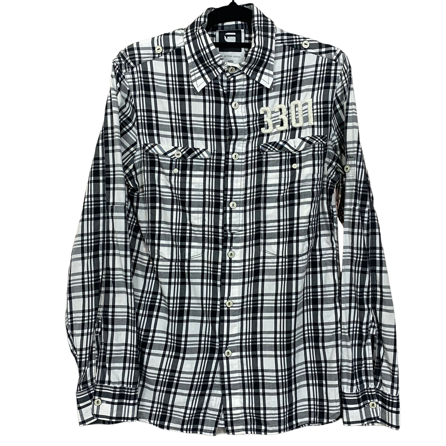 G-Star Raw Black White Checkered Slim Fit Long Sleeve Button Up Business Polo Dress Shirt S C92