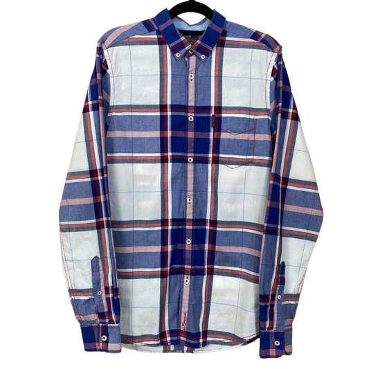 Ben Sherman Blue White Red Checkered 100% Cotton Long Sleeve Button Up Business Polo Dress Shirt S C100