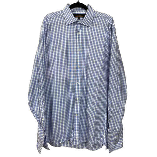 Ben Sherman White Blue Checkered 100% Cotton Long Sleeve Button Up Business Polo Dress Shirt 43 C112