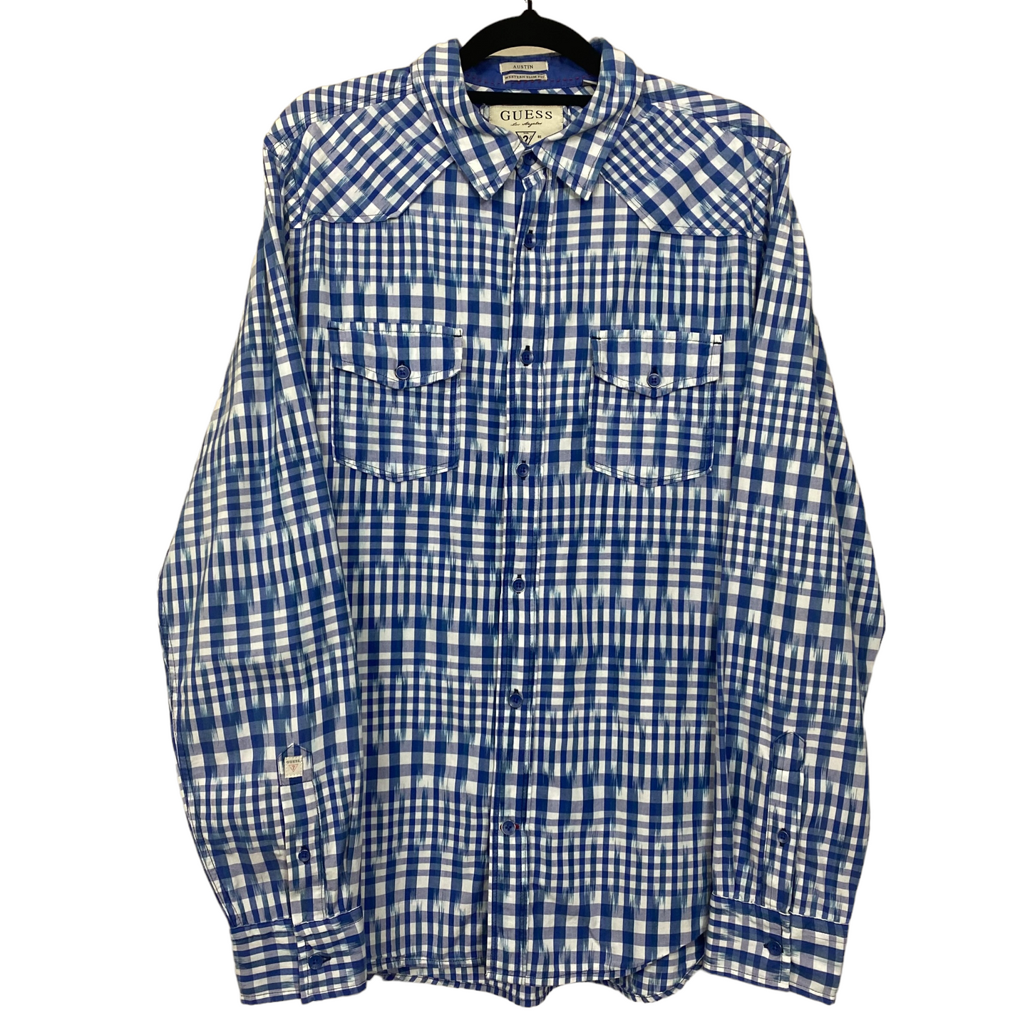Guess Blue Slim Checkered Long Sleeve Button Shirt Size M